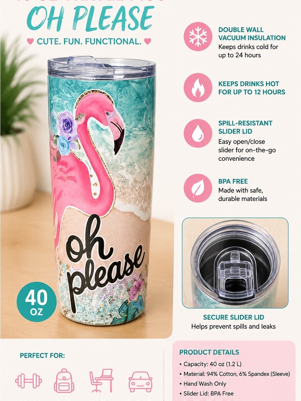 Hand Crafted Pink Flamingo Beach Vibes Stainless Tumbler NEW IN BOX WITH STRAW